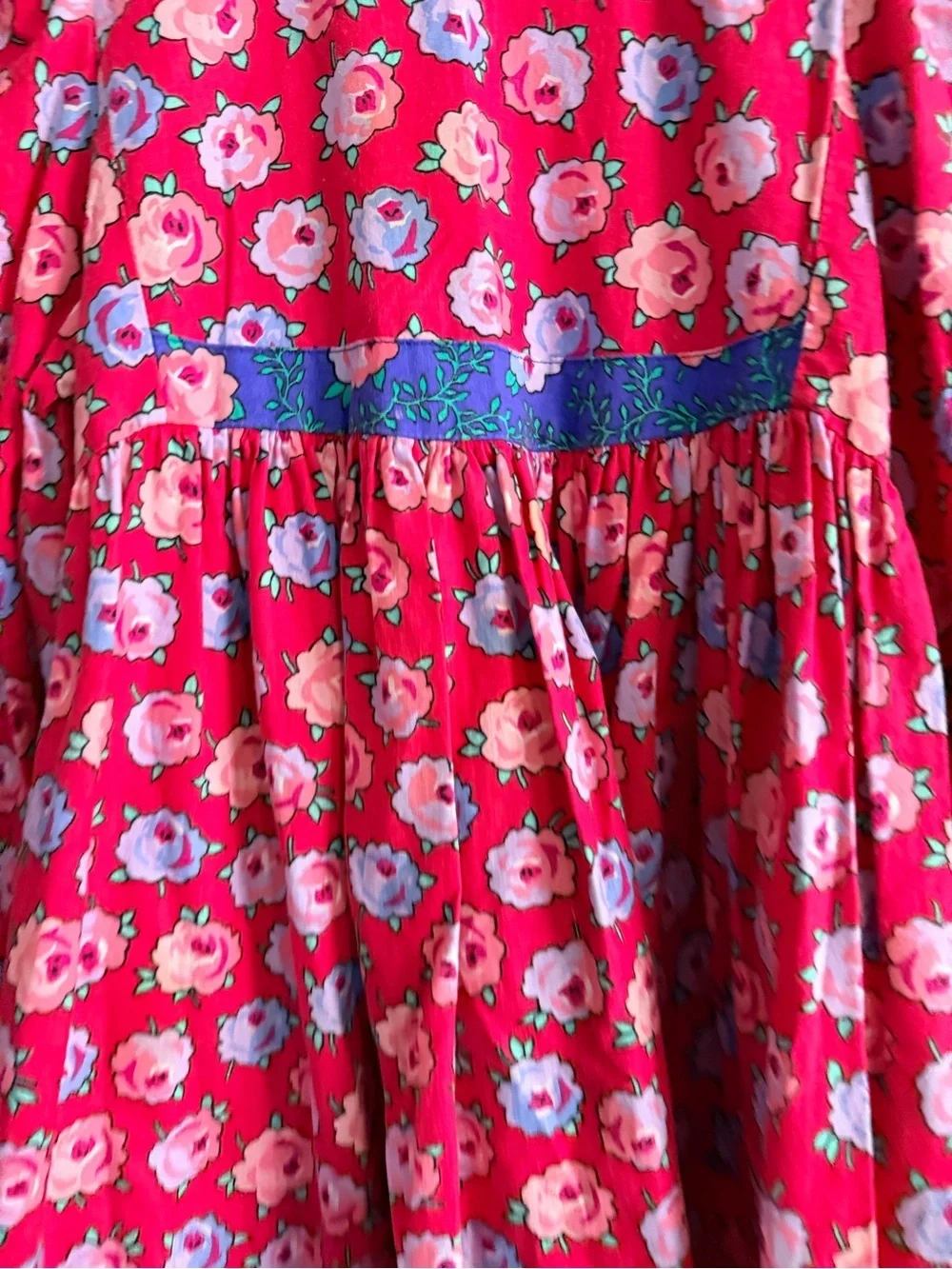 Girls Pink Floral Vintage Dress with Blue Trim